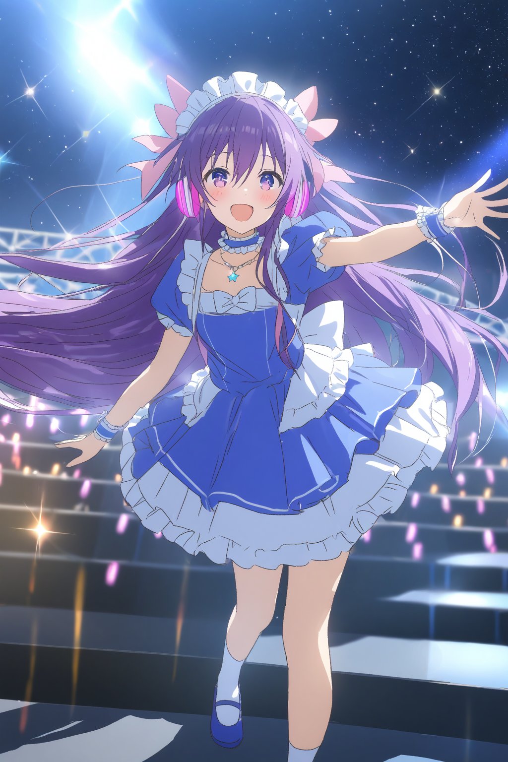 masterpiece, best quality,(1girl), solo,(depth of field),(solo focus),8K,HDR,(ultra high res),(highres),(full body),(lens flare),smiles,blush,(tooka yatogami),(hair between eyes),(white bows),(hair bows),(hair ribbon), earrings, (purple eyes), (purple hair),(floating hair),(very long hair),bangs, sidelocks,(maid headress),(idol clothes),(white bowtie),(blue dress),(frilled choker),(pink ribbon),(puffy short sleeves),(wrist cuffs)(white apron),(necklace),(white sock), (blue footwear),(mary janes),(pink headphones),(outdoors),(holding microphone),music, singing,(stage),(stage lights),(star (sky)),sparkle,(scaffolding),(standing),audience,glowstick,(outstretched arm),(feet out of frame),(leg up),