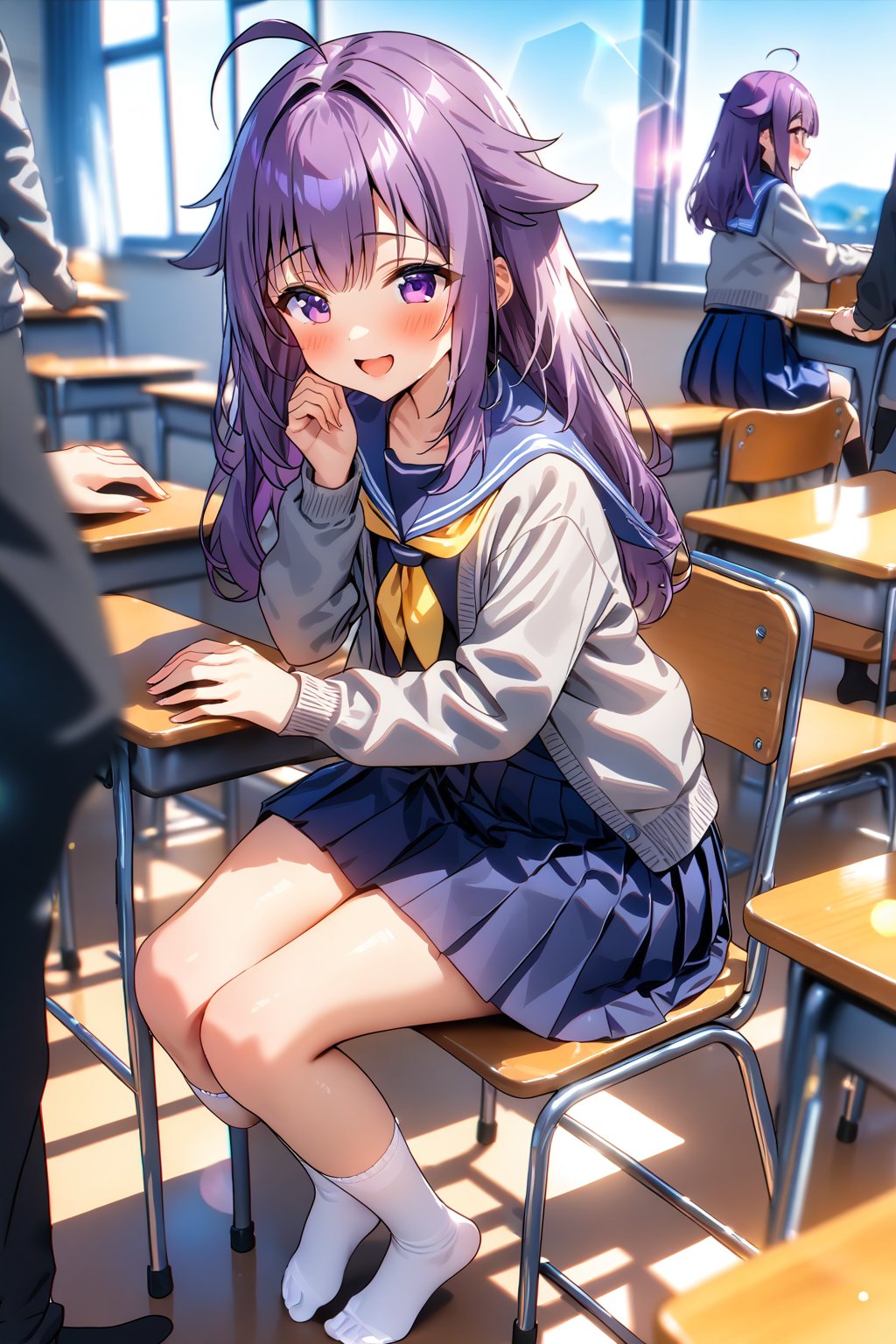 masterpiece, best quality,(1girl), solo,(depth of field),(solo focus),8K,HDR,(ultra high res),(highres),(full body),(full body),(lens flare),smiles,blush,(nice hands),(KJOANKO),(ahoge),(bangs),(purple hair),(long hair),(purple eyes),(hair flaps),(blue sailor collar),(open cardigan),(grey sweater),(yellow neckerchief),(long sleeves),(serafuku),(blue skirt),(white socks),(no shoes),(classroom),(sitting on chair),(table),