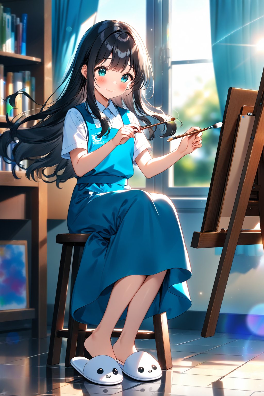 masterpiece, best quality,(1girls), solo,(depth of field),(solo focus),8K,HDR,(ultra high res),(highres),(full body),(perfect lighting),(lens flare),smiles,blush,(nice hands), (perfect hands),(black hair), (long hair),(aqua eyes),(floating hair), sidelocks,(malaysian secondary school uniform),(schoollogo),(school's logo on right side (pinafore dress)),(aqua blue skirt),(blue pinafore),(collared shirt),(white shirt),(short sleeves),(white footwear),(slippers),(no socks),(white apron),(indoors),(sitting),(drawing),easel,(holding paintbrush),(holding palette),stool,school,(tiles floor),bookshelf,window,curtains,