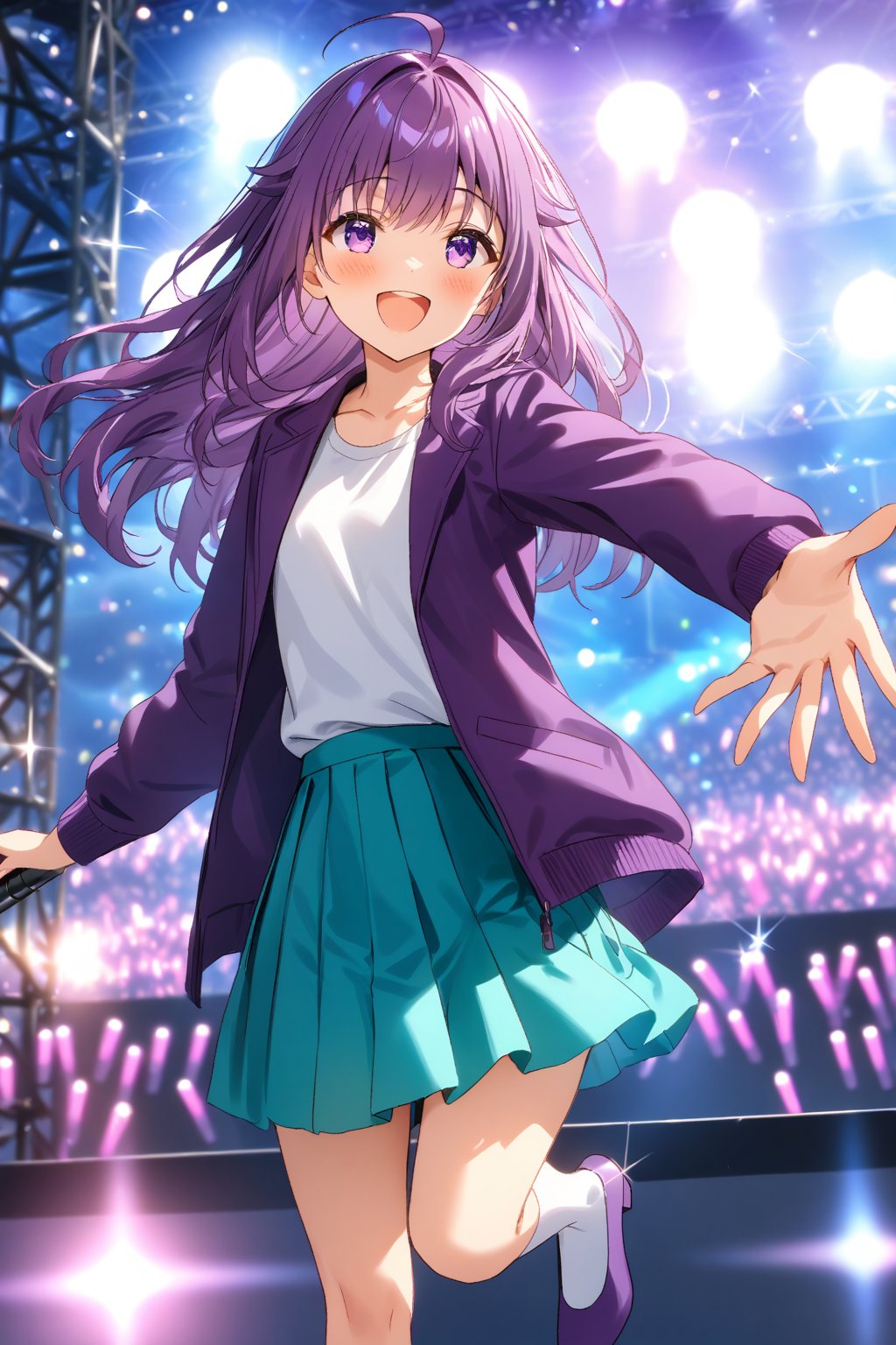 masterpiece, best quality,(1girl), solo,(depth of field),(solo focus),8K,HDR,(ultra high res),(highres),(full body),(lens flare),smiles,blush,(KJOANKO),(ahoge),(bangs),(purple hair),(long hair),(purple eyes),(purple jacket),(open jacket),(white shirt),(collarbone),(aqua skirt),(white socks),(purple footwear),(flats),(outdoors),(holding microphone),music, singing,(stage),(stage lights),(star (sky)),sparkle,(scaffolding),(standing),audience,glowstick,(outstretched arm),(feet out of frame),(leg up)