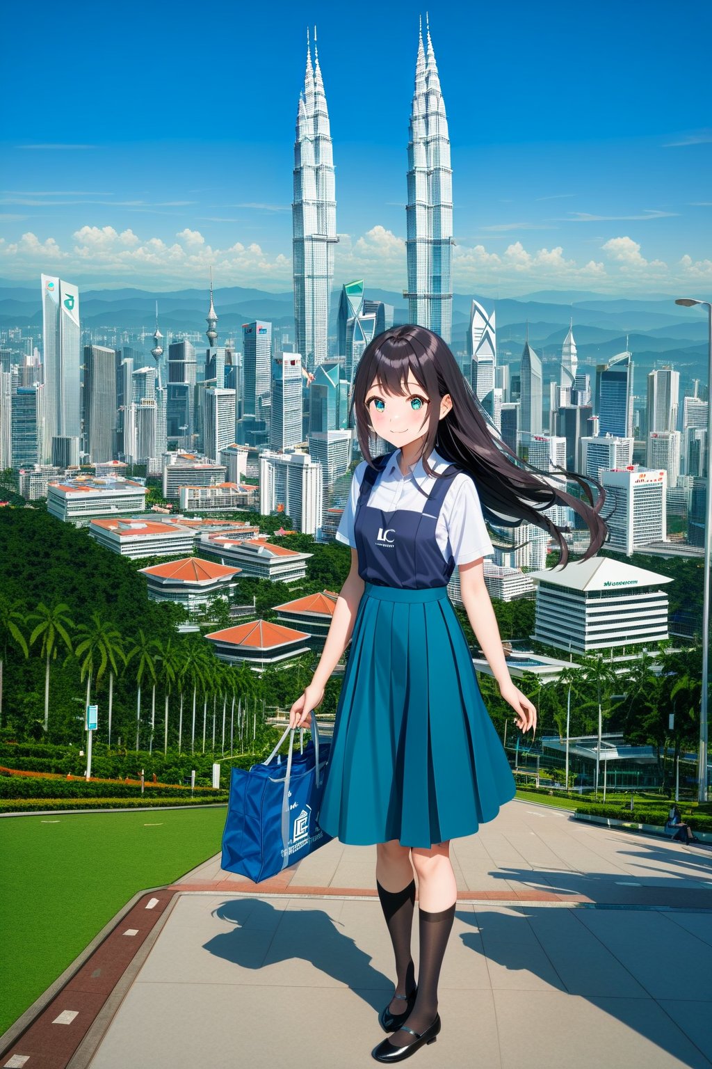 masterpiece, best quality,(1girl), solo,(depth of field),(solo focus),8K,HDR,(ultra high res),(highres),(full body),(lens flare),smiles,blush,(closed mouth),(black hair), (long hair),(aqua eyes),(floating hair), sidelocks,(malaysian secondary school uniform),(schoollogo),(school's logo on right side (pinafore dress)),(aqua blue skirt),(blue pinafore),(collared shirt),(white shirt),(short sleeves),(black socks),(black footwear),(ballet flats),(standing),(outdoors),(cityspace),(holding bag),(lamppost),urban,(petronas twin tower),(Longhouse) ,(national airport tower),KLCC,(Kuala Lumpur countryside),(Kuala Lumper Tower),Malaysia,(blue sky),landmarks 