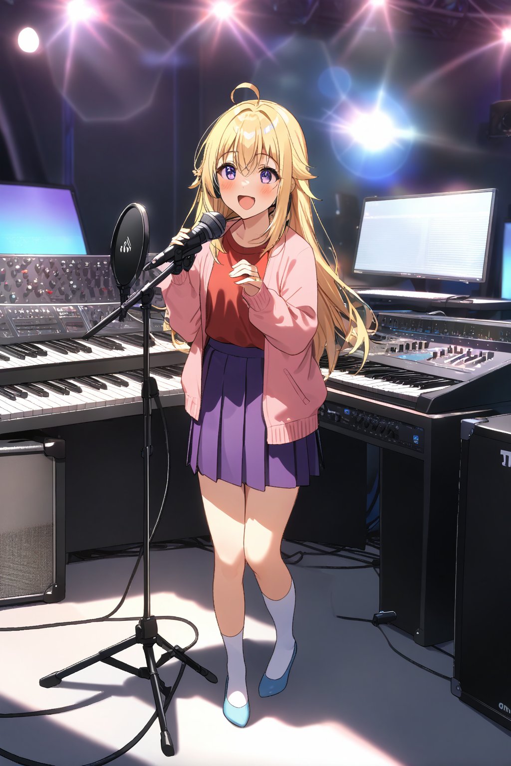 masterpiece, best quality,(1girl), solo,(depth of field),(solo focus),8K,HDR,(ultra high res),(highres),(full body),(lens flare),smiles,blush,ctiank0shi,ahoge (blonde hair),bangs,(long hair),(purple eyes),(pink cardigan),(open cardigan),(red shirt),(long sleeves),(purple skirt),(white socks),(blue footwear),(flats),(indoors),(amplifier),(cable),(computer keyboard),(pop filter),(contemporary),(music stand),(headphones),(instrument),(music),(microphone stand),(singing),(speaker),(stage lights),(studio),(studio microphone),(musical note)