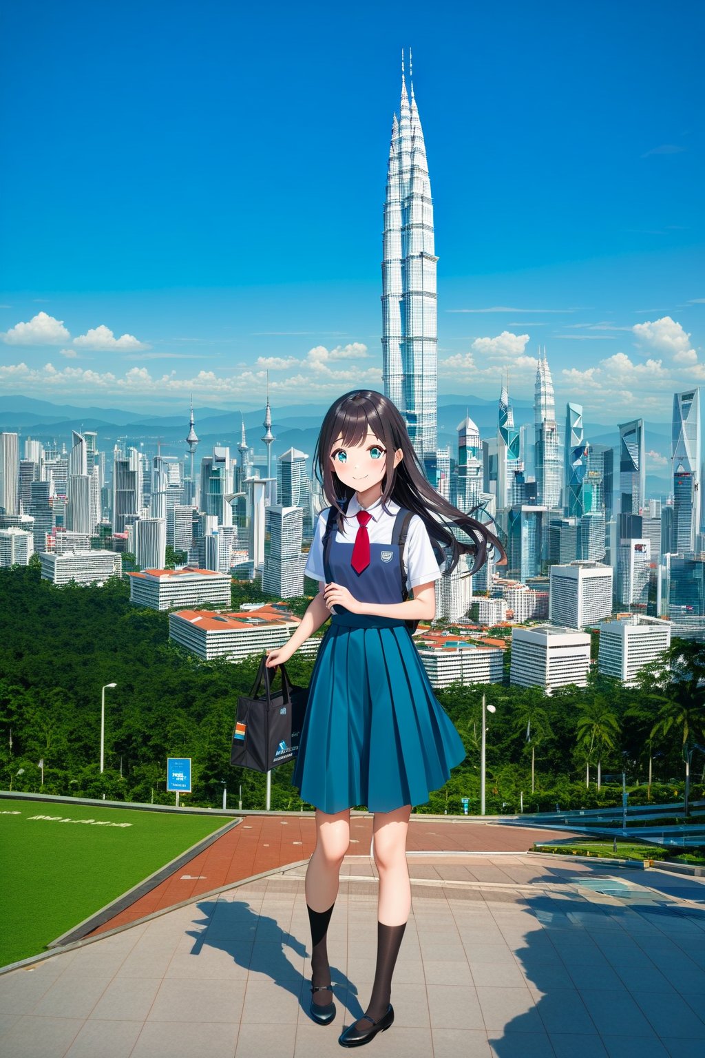 masterpiece, best quality,(1girl), solo,(depth of field),(solo focus),8K,HDR,(ultra high res),(highres),(full body),(lens flare),smiles,blush,(closed mouth),(black hair), (long hair),(aqua eyes),(floating hair), sidelocks,(malaysian secondary school uniform),(schoollogo),(school's logo on right side (pinafore dress)),(aqua blue skirt),(blue pinafore),(collared shirt),(white shirt),(short sleeves),(black socks),(black footwear),(ballet flats),(standing),(outdoors),(cityspace),(holding bag),(lamppost),urban,(petronas twin tower),(Longhouse) ,(national airport tower),KLCC,(Kuala Lumpur countryside),(Kuala Lumper Tower),Malaysia,(blue sky),landmarks 