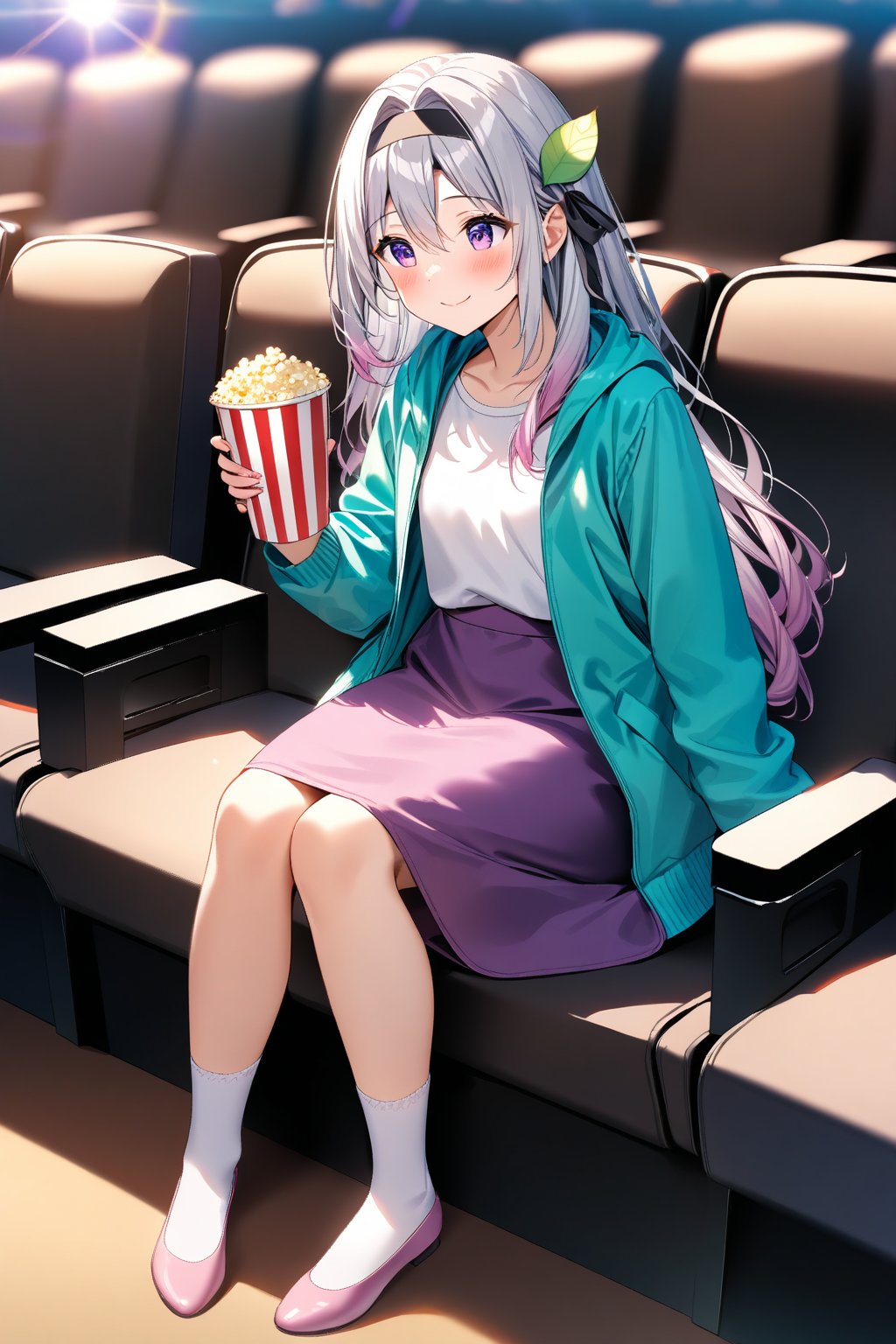 masterpiece, best quality,(1girl), solo,(depth of field),(solo focus),8K,HDR,(ultra high res),(highres),(full body),(lens flare),smiles,blush,(closed mouth),Firefly,(parted bangs),(purple eyes),(grey hair),(gradient hair),(hair intakes),(long hair),(black hairband),(leaf hair ornament),(black ribbon),(hair between eyes),(aqua jacket),(white shirt),(purple skirt),(white socks),(pink footwear),(flats),(sitting),indoors,cinema,(holding food),(popcorn),(disposable cup),(movie theater),(out of frame),(theater seating),