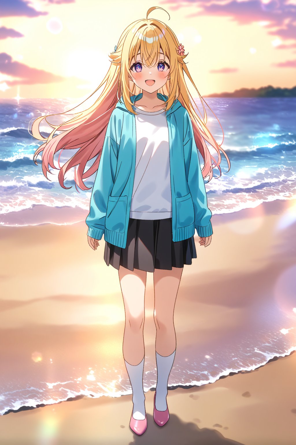 masterpiece, best quality,(1girl), solo,(depth of field),(solo focus),8K,HDR,(ultra high res),(highres),(full body),(lens flare),smiles,blush,ctiank0shi,ahoge (blonde hair),bangs,(long hair),(purple eyes),(hair ornament),(aqua blue cardigan), (open cardigan),(long sleeves),(white shirt),(pink skirt),(casual dress),(white socks),(pink footwear),(ballet flats),(standing),(outdoors),beach,ocean,sands,beach,morning,bokeh