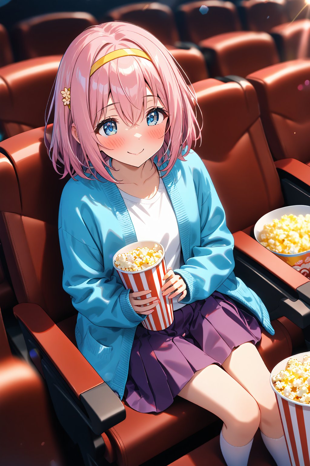 masterpiece, best quality,(1girl), solo,(depth of field),(solo focus),8K,HDR,(ultra high res),(highres),(full body),(lens flare),smiles,blush,(closed mouth),( yuipcrbase),bangs,(pink hair), (blue eyes), (medium hair), (hair between eyes),(yellow hairband),(hair ornament),(blue cardigan),(open cardigan),(white shirt),(collarbine),(purple skirt),(long sleeves),(white socks),(pink footwear),(ballet flats),(sitting),indoors, cinema,(holding food),(popcorn),(disposable cup),(drink),(movie theater),(theater seating),