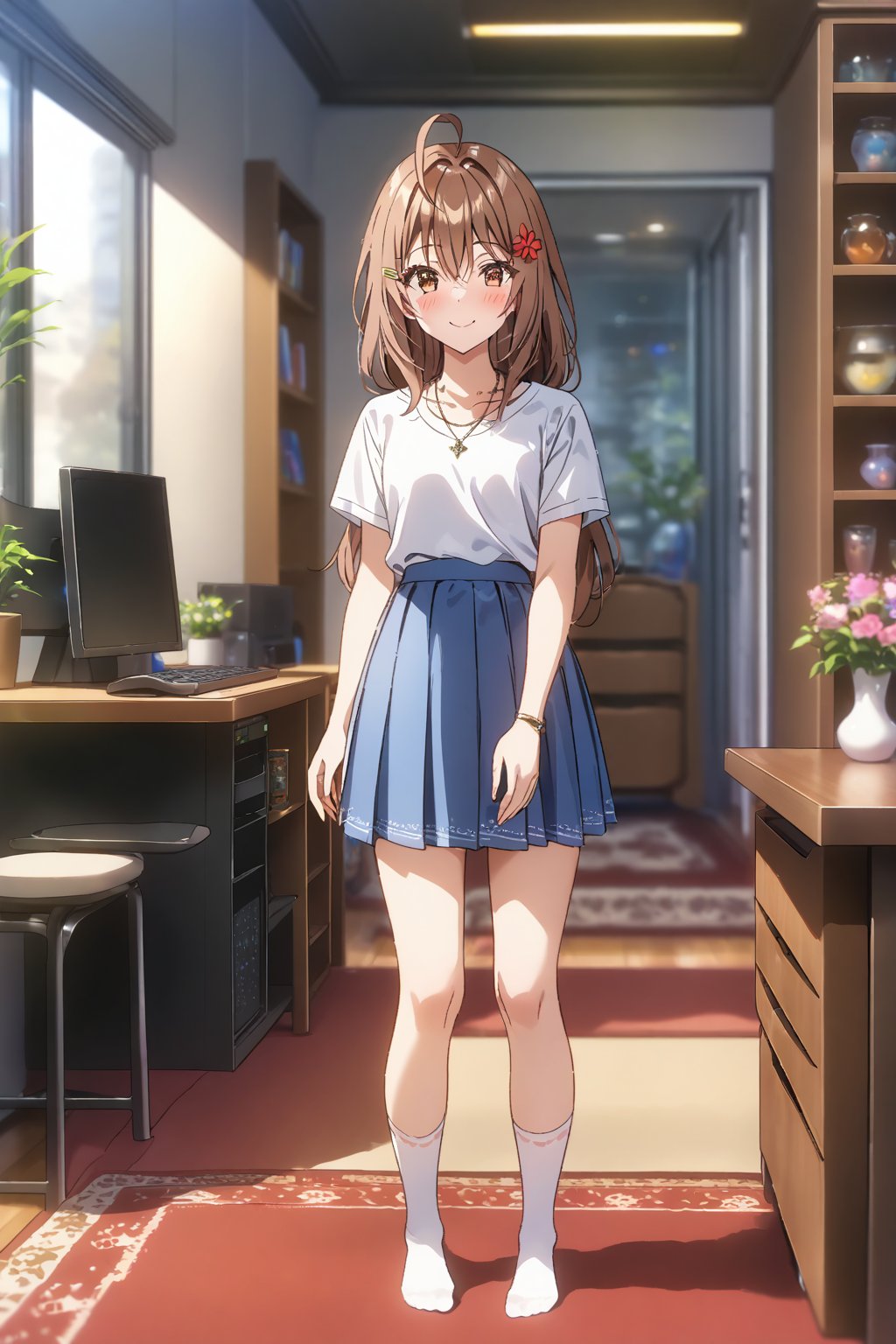 score_9, score_8_up, score_7_up, source_anime, masterpiece, best quality,(1girl), solo,(depth of field),(solo focus),8K,HDR,(ultra high res),(highres),(full body),(lens flare),smiles,blush,(closed mouth),(maria mikhailovna kujou),(ahoge),(brown hair),(long hair),(brown eyes),(hair between eyes),(hair ornament),(hair flower),(hairclip),(casual),(white shirt),(blue skirt),(short sleeves),necklace,jewelry,(white socks),(no shoes),(indoors),(standing),(room),carpet,curtain,shelf,(computer),(table),(chair),(vase)