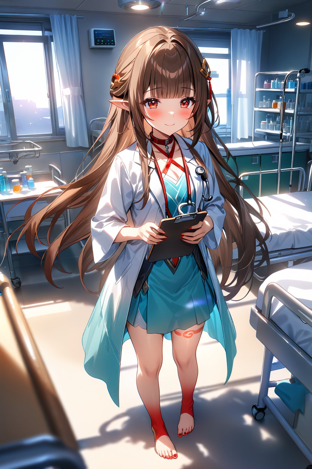 masterpiece, best quality,(1girl), solo,(depth of field),(solo focus),8K,HDR,(ultra high res),(highres),(full body),(lens flare),smiles,blush,(closed mouth), (lingsha),(blunt bangs),(brown hair),(very long hair),(red eyes),(pointy ears ),sidelocks,(hair ornament),(jewelry),(halterneck),(white coat),(lab coat),(blue shirt),(collar shirt),(aqua skirt),(red socks),(barefoot),(toenail polish),(red nail),(leg tattoo),scenery,(indoors),(doctor),(bed sheet),cabinet,(blanket),curtains,(standing),(hospital bed),infirmary,lights, stool, day,laboratory,(holding clipboard),(stethoscope),