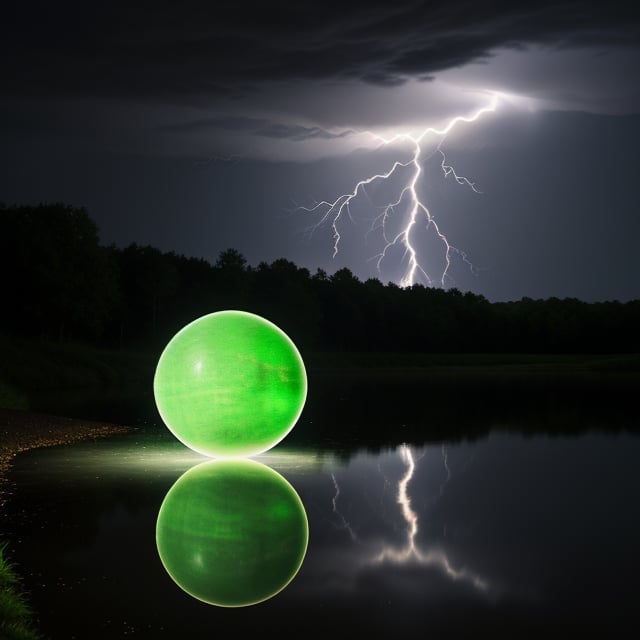 a green glowing orb, with lightning strikes towards the ground, shows refelections over water