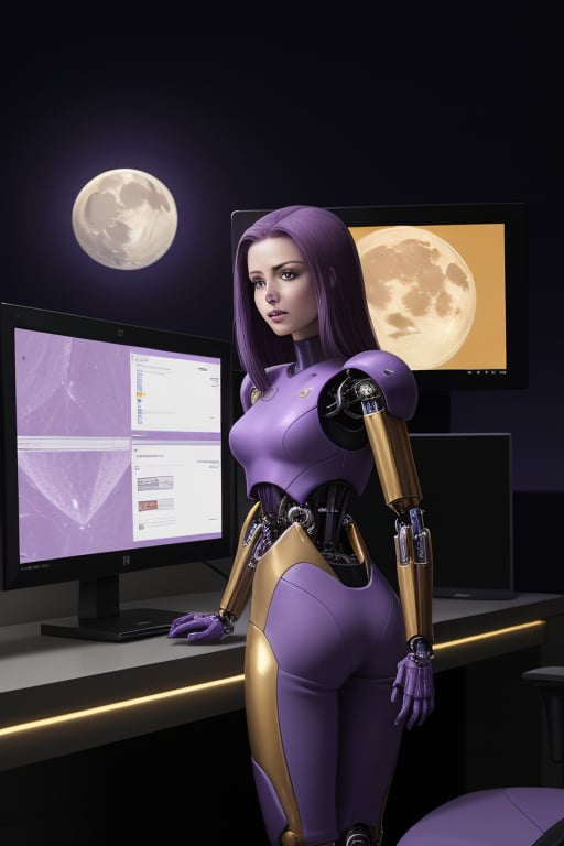 cybernetic female, slim slender, large breats, purple hair, snug fitting , gold uniform,  standing by a computer console. of a starship. the computer screen displays a bright moon.