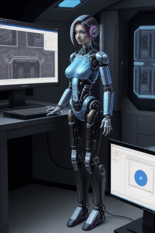 cybernetic female, standing by a computer console. of a starship.
