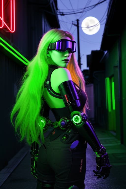 cybernetic enhanced female, flowing long blonde  hair, in a neon lit alleyway, wearing green goggles, moon in sky