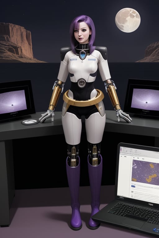 cybernetic female, slim slender, large breats, purple hair, snug fitting , gold uniform, thigh length boots, silver utility belt, standing by a computer console. of a starship. the computer screen displays a bright moon.