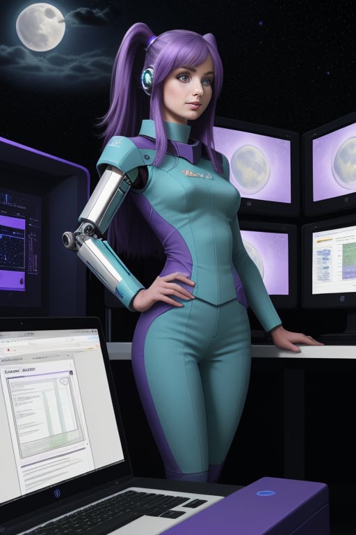 cybernetic female, slim slender, large breats, purple hair, snug fitting blue and green uniform,  standing by a computer console. of a starship. the computer screen displays a bright moon.