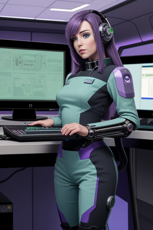 cybernetic female, purple hair, snug fitting blue and green uniform,  standing by a computer console. of a starship.