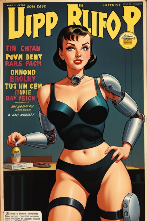 A 1950's pulp fiction magazine cover featuring a cyborg woman.