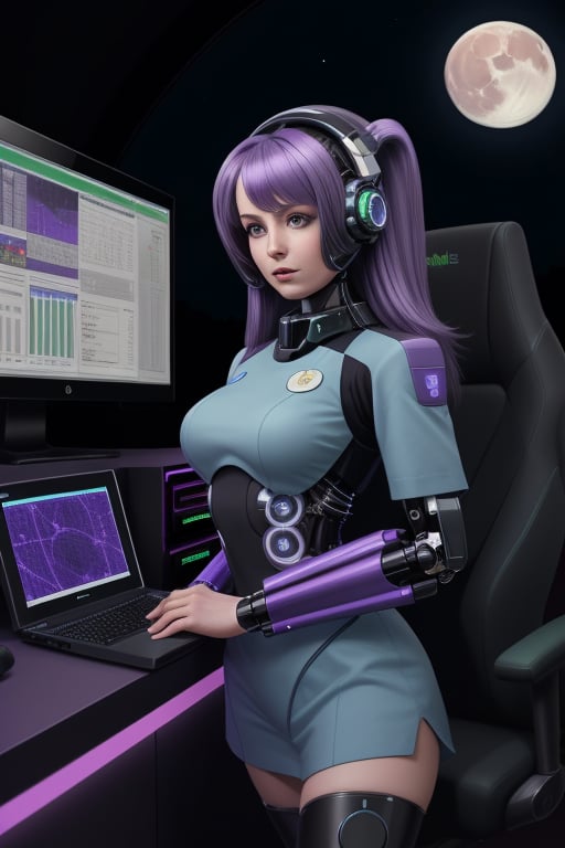 cybernetic female, purple hair, snug fitting blue and green uniform,  standing by a computer console. of a starship. the computer screen displays a bright moon.