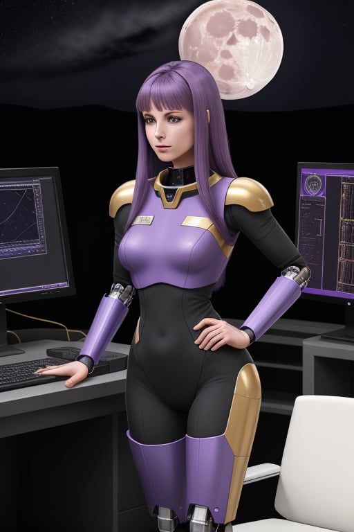 cybernetic female, slim slender, large breats, purple hair, snug fitting , gold uniform,  standing by a computer console. of a starship. the computer screen displays a bright moon.