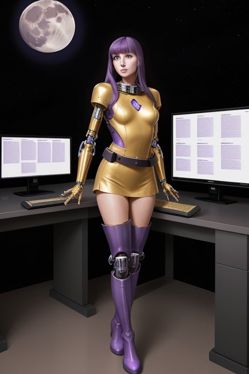 cybernetic female, slim slender, large breats, purple hair, snug fitting , gold uniform, thigh length boots, silver utility belt, standing by a computer console. of a starship. the computer screen displays a bright moon.