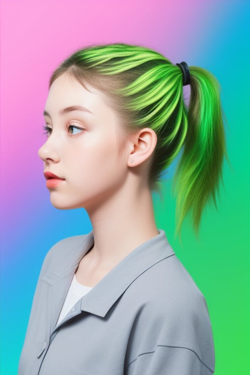 chromatic background, girl, green ponytail.