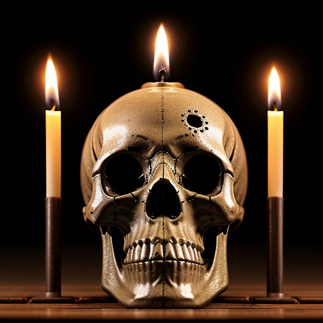 a church candle , melts on a cybernetic skull, 