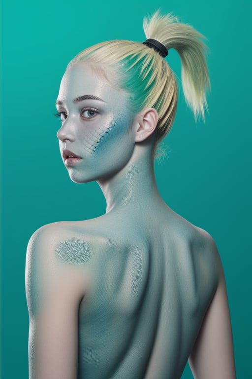 chromatic background, girl, scaley blue skin, green ponytail,