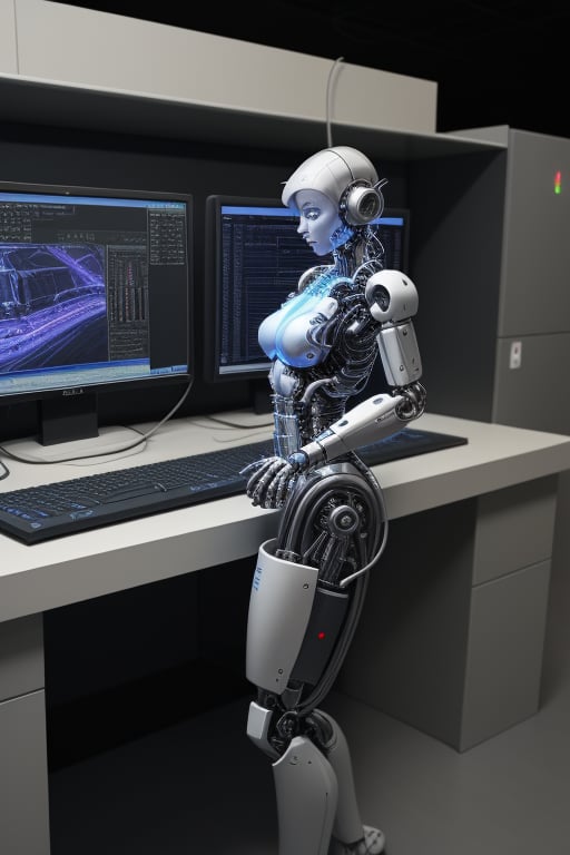 cybernetic female, standing by a computer console.