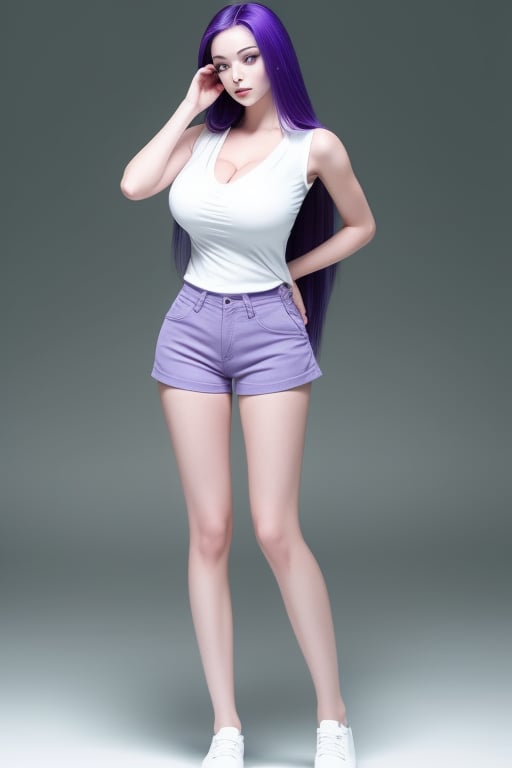 A alien female, purple skin, long flowing hair,  green eyes, a slim slender build, and large breasts, standing, wearing shorts, white_blouse 