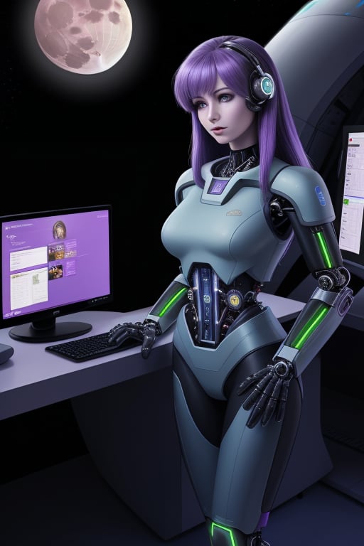 cybernetic female, slim slender, large breats, purple hair, snug fitting blue and green uniform,  standing by a computer console. of a starship. the computer screen displays a bright moon.
