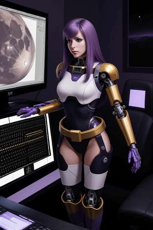 cybernetic female, slim slender, large breats, purple hair, snug fitting , gold uniform, thigh length boots, silver utility belt, standing by a computer console. of a starship. the computer screen displays a bright moon.