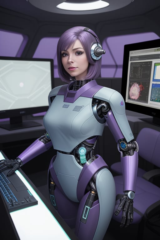 cybernetic female, purple hair, snug fitting blue and green uniform,  standing by a computer console. of a starship.