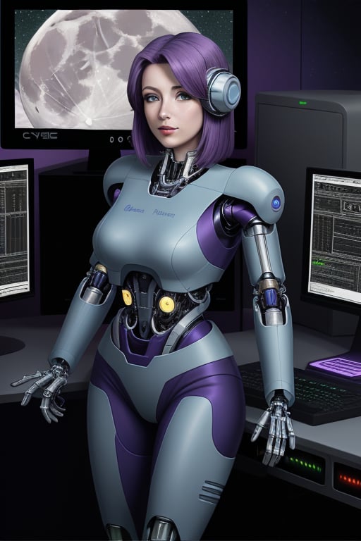 cybernetic female, large breats, purple hair, snug fitting blue and green uniform,  standing by a computer console. of a starship. the computer screen displays a bright moon.