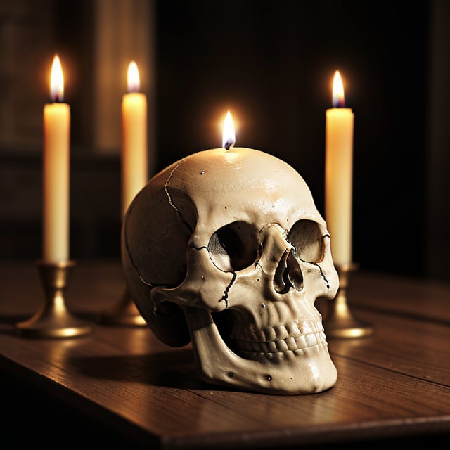 a church candle , melts on a skull