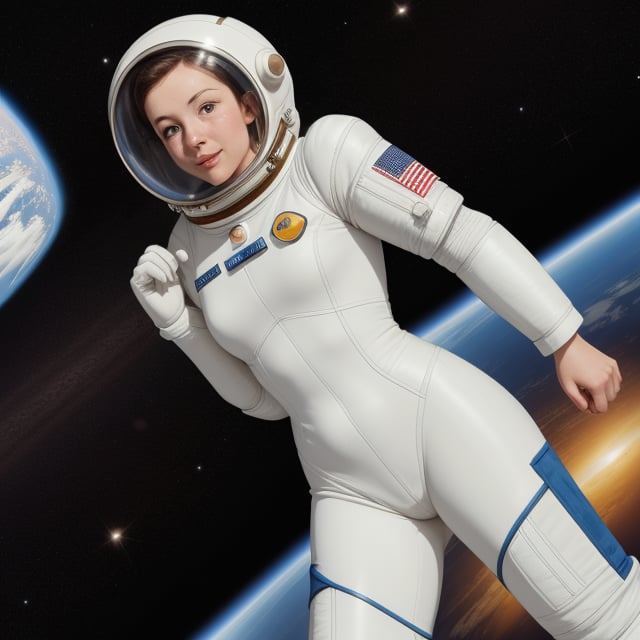 a female in a snug 1950's spacesuit, slim slender,