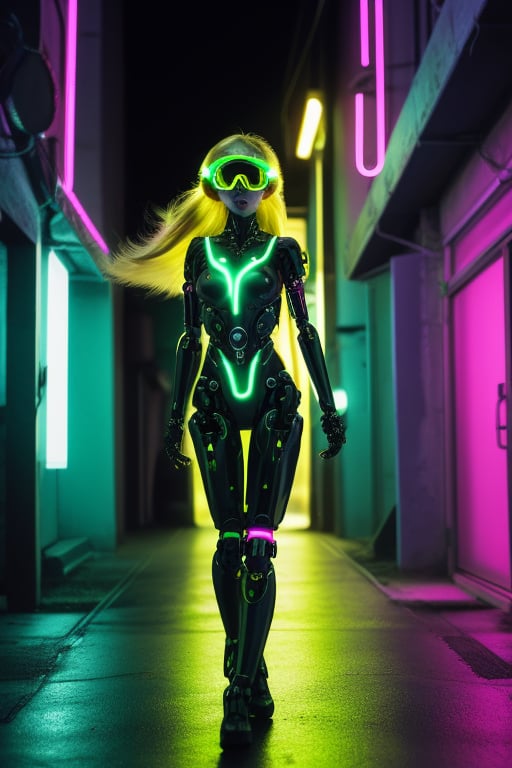 cybernetic enhanced female, flowing long blonde  hair, in a neon lit alleyway, wearing green goggles