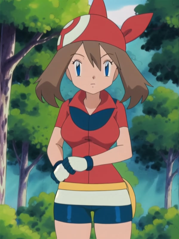 1girl, may (pokemon), blue eyes, brown hair, bandana, long hair, red bandana, twintails, hair between eyes, blue shorts, micro skirt white, gloves, medium breasts, curves, looking at viewer, standing, cowboy shot, forest, breast, Red thong, White miniskirt 