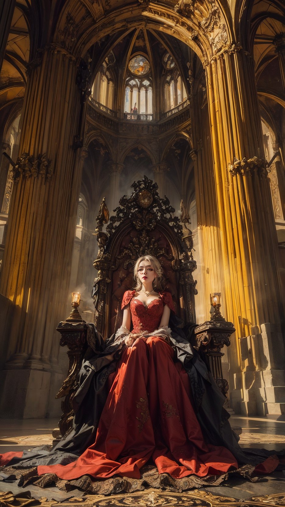 Captured at eye-level on a low-angle shot, a woman dressed in a beautiful red gown, adorned with a high neckline and short sleeves. Her blonde hair is styled in a bob, adding a touch of beauty to the scene. The woman is seated on a dark, ornate chair, which is adorned with ornate carvings. The chair is positioned in front of a large window, which features a series of stained glass panels. The window is framed by an archway, adding to the grandeur of the building. To the right of the woman, a row of long, gray pillars are visible. The floor beneath the chair is covered in a red carpet, adding texture to the overall composition.