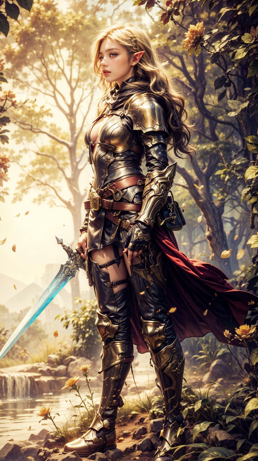 1girl, solo, long hair, blonde hair, large breasts, gloves, holding, standing, full body, weapon, flower, boots, pointy ears, belt, sword, fingerless gloves, cape, holding weapon, golden armor, lips, petals, profile, leaf, wavy hair, plant, elf, shoulder armor, sheath, pouch, golden breastplate, fantasy, knee pads