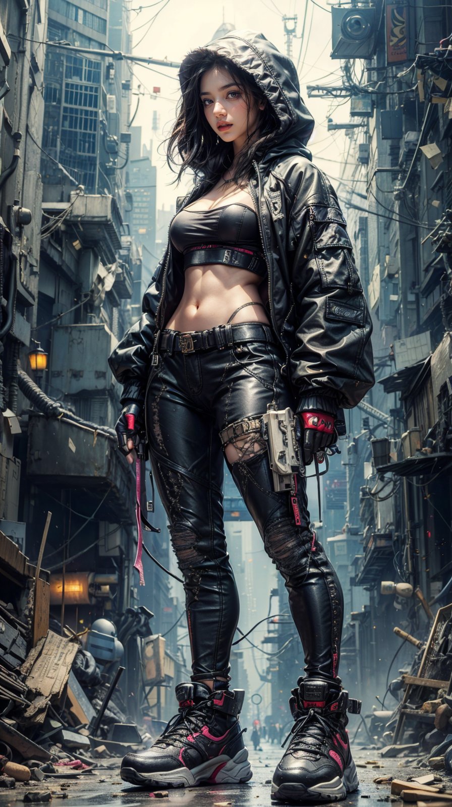 1girl, solo, breasts, black hair, gloves, navel, big breasts, standing, jacket, full body, weapon, shoes, midriff, pants, hood, black footwear, lips, crop top, gun, ground vehicle, sneakers, hooded jacket, motor vehicle, hood up, science fiction, cyberpunk, realistic,fantasy