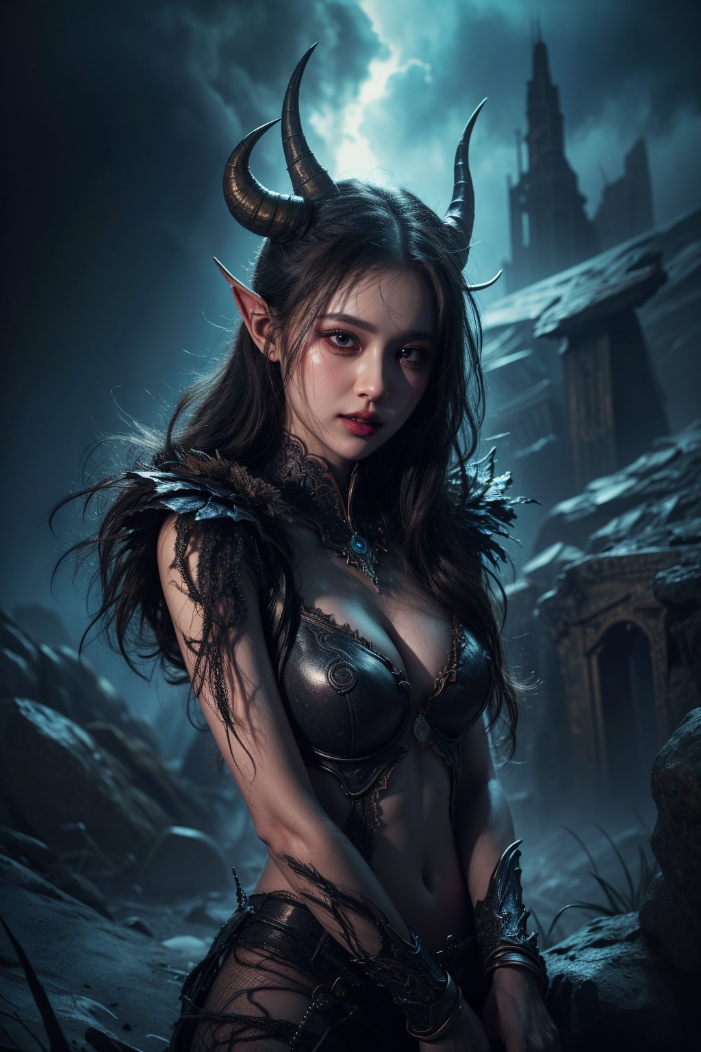 a beautiful monster girl, detailed facial features, piercing eyes, long eyelashes, full lips, sharp teeth, horns, intricate costume, fantasy creature, ethereal and mystical, cinematic lighting, highly detailed, 8k, photorealistic, dramatic colors, moody atmosphere, digital art, full body shot