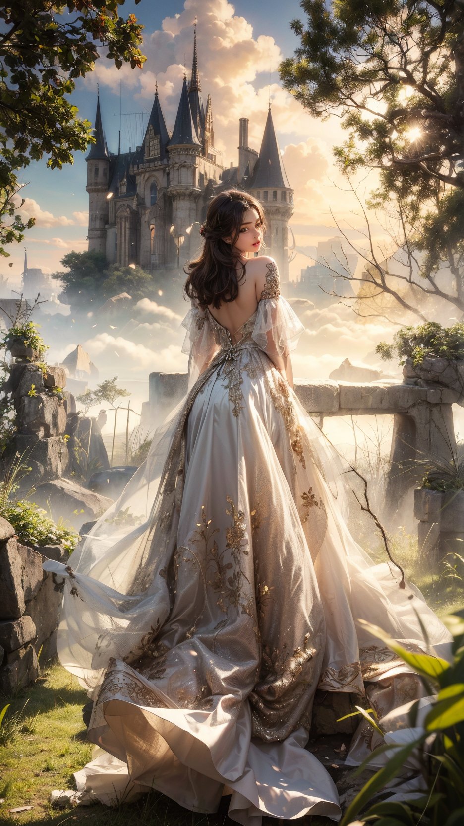 1girl, dress, solo, castle, outdoors, tree, sky, cloud, long_hair, brown_hair, from_behind, grass, day, facing_away, standing, cloudy_sky, see-through, long_dress, white_dress, backless_outfit, backless_dress