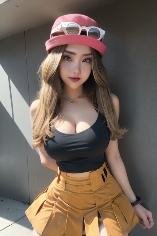 Serena, solo, long hair, eyewear on headwear, pink headwear, eyelashes, blue eyes, sleeveless shirt, black shirt, bracelet, high-waist skirt, red skirt, black thighhighs, happy_face, big_boobies, shows her boobs, nsfw,18+, open legs, arigamplays_face, young face, serena cosplays