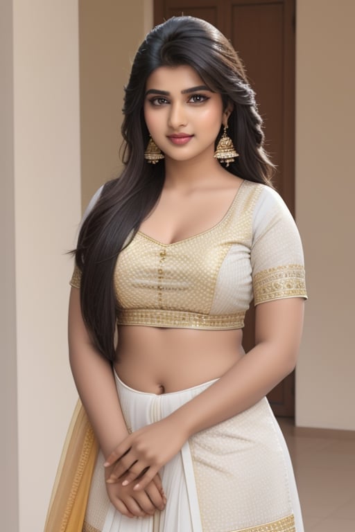 Extremely Realistic, A beautiful indian woman hunging a men high quality, realistic, 23 years old of indian girl full body thin waist, cute navel,  natural big breasts,big ass chubby women, skin tone fair color.4k photos , photorealistic 

Hair Style: long hair with bangs.

Ornament:  earrings.

Cloths: silk punjabi yellow kurta  salwar dupatta 


Background:white wall,Indian