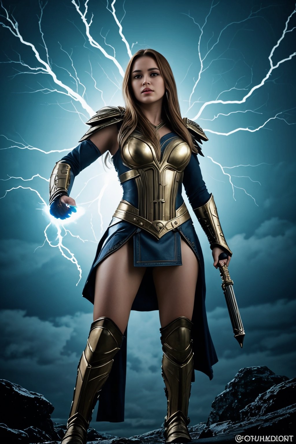 Background: Majestic Asgardian realm with golden spires and celestial skies.
Pose: Close-up shot, solo, 1 girl.
Character: Asgardian goddess of thunder, wielder of Mjolnir.
Outfit: Armor imbued with Asgardian runes and lightning motifs, adorned with a winged helm and wielding the mighty hammer, Mjolnir.
Expression: Commanding and determined, radiating power and authority as she channels the fury of the storm.