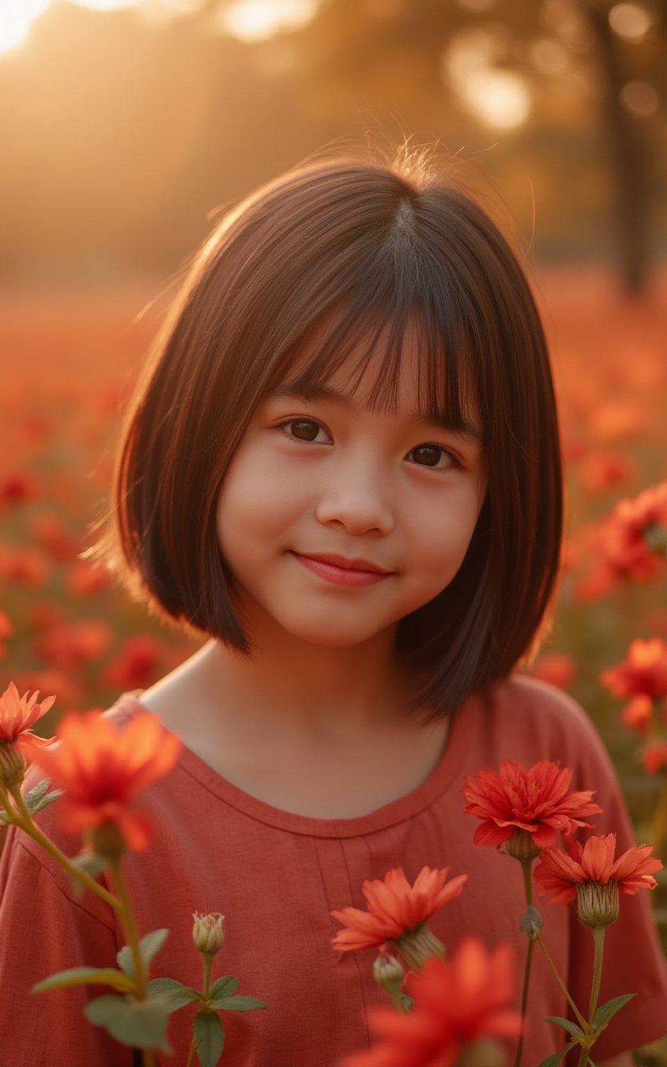 warm color gamut, cinematic ambience, soft focus, film grain, young girl with detailed eyes in a field of red flowers