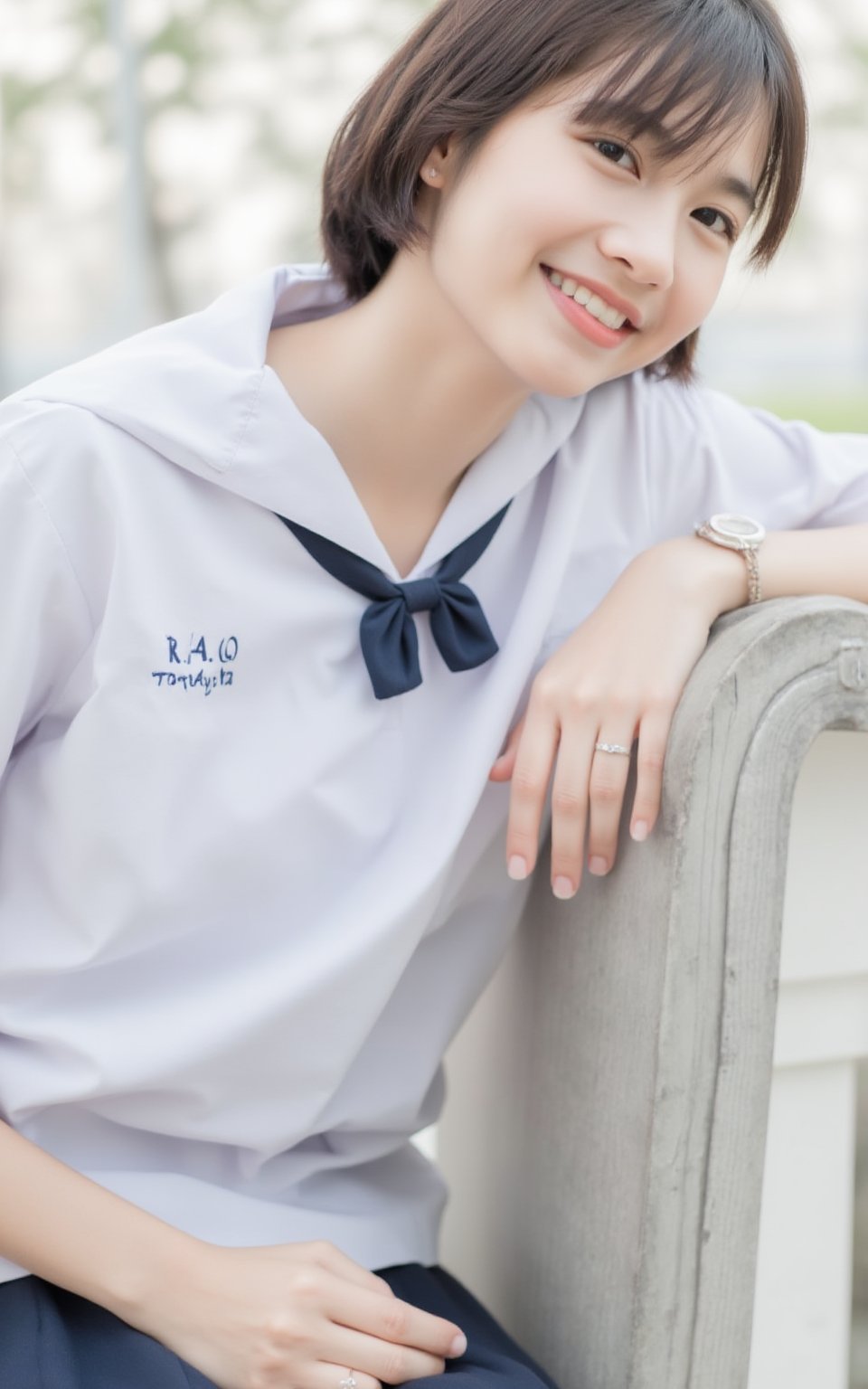 Young Thai woman sitting on a gray wooden chair Her hair is dark brown, in short hair, smiling. 

(white short sleeve shirt, Navy bow,Navy pleated skirt)