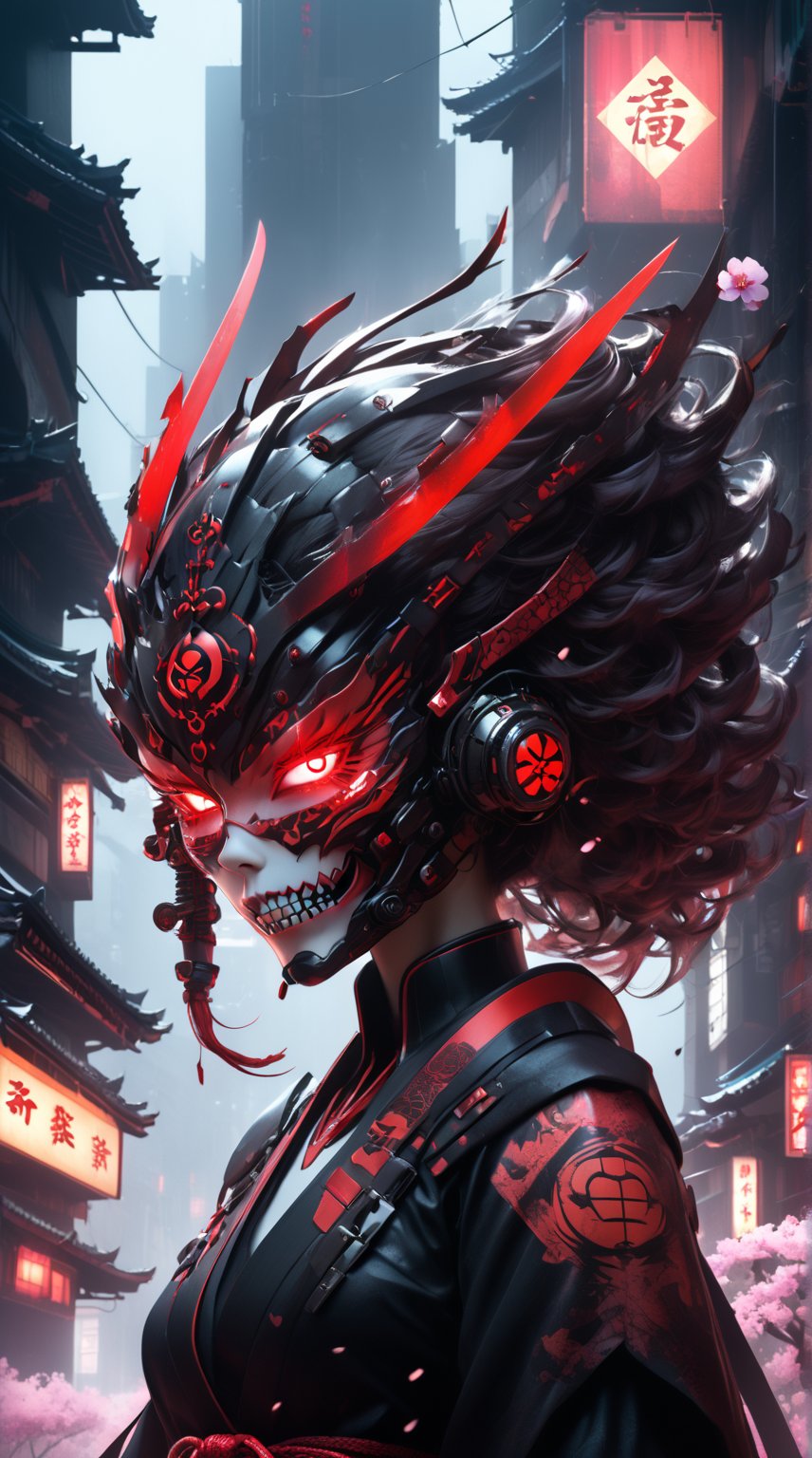 Create a woman supervillain character inspired by Japan. This villain should wear a menacing, high-tech samurai armor, blending traditional elements with modern technology. The armor is sleek and dark, adorned with glowing red accents and intricate designs. The villain's mask features a fearsome expression, with sharp teeth and glowing red eyes, exuding an aura of intimidation. They wield a robotic katana with an energy blade that crackles with power. Surround the villain with a dystopian cityscape, combining neon-lit skyscrapers and shadowy traditional Japanese architecture. Mist and shadows envelop the scene, enhancing the ominous atmosphere, while cherry blossoms fall gently in the background, contrasting the dark theme with a touch of delicate beauty." ensuring a richly textured and visually striking image. touch of red neon in ahe 