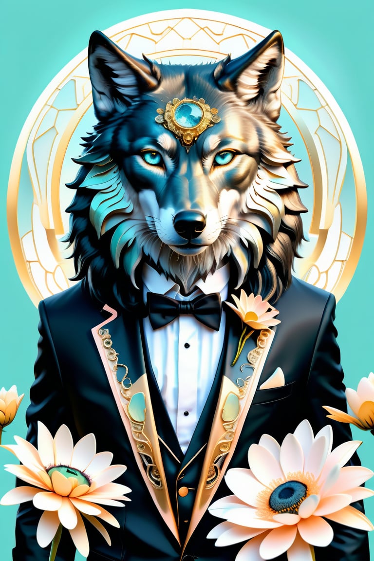 Hyper-realistic, highly detailed,1 wolf in tuxedo , in mint and peach, detailed skins,Realistic Blue Eyes,, backgroun atardecer en la ciudad Aries zodiac sign girl with golden horns and glowing eyes, surrounded in the style of gold flowers, fantasy art style, anime illustration, dark background, yellow light shining on her face, high resolution, high quality