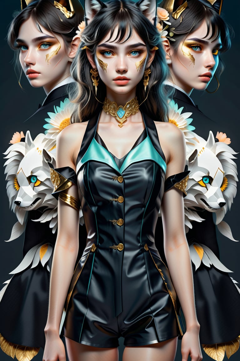 Hyper-realistic, highly detailed,1 wolf in tuxedo , in mint and peach, detailed skins,Realistic Blue Eyes,, backgroun atardecer en la ciudad Aries zodiac sign girl with golden horns and glowing eyes, surrounded in the style of gold flowers, fantasy art style, anime illustration, dark background, yellow light shining on her face, high resolution, high quality