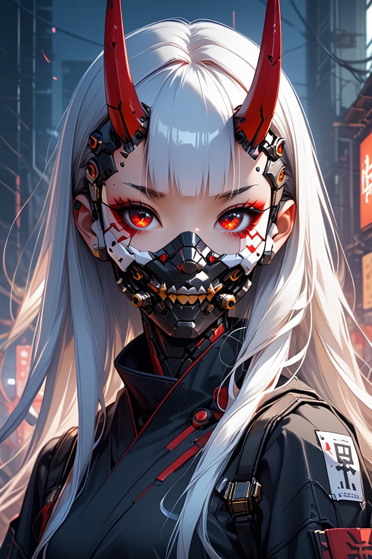 girl, cute, mask, white hair, robot, science fiction, android, cyborg, robot joints, cyberpunk, mechanical parts, mask, blunt bangs, oni, horns, metallic, spikes, black and gold and red
